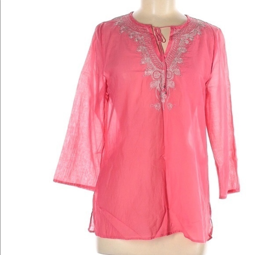 Express M blouse coral w gold embroidered accents 3/4 sleeves silk blend fabric